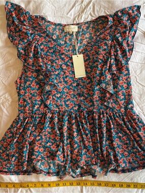 MELLODAY Teal and Coral Floral Ruffle Peplum Top